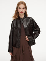 PU Leather Stand Collar Wind-Proof Women Belted Jacket GOELIA