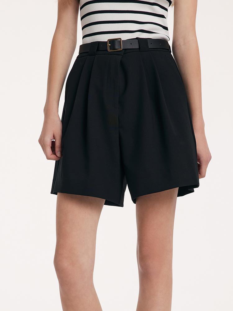 Black Loose A-Line Shorts With Belt GOELIA