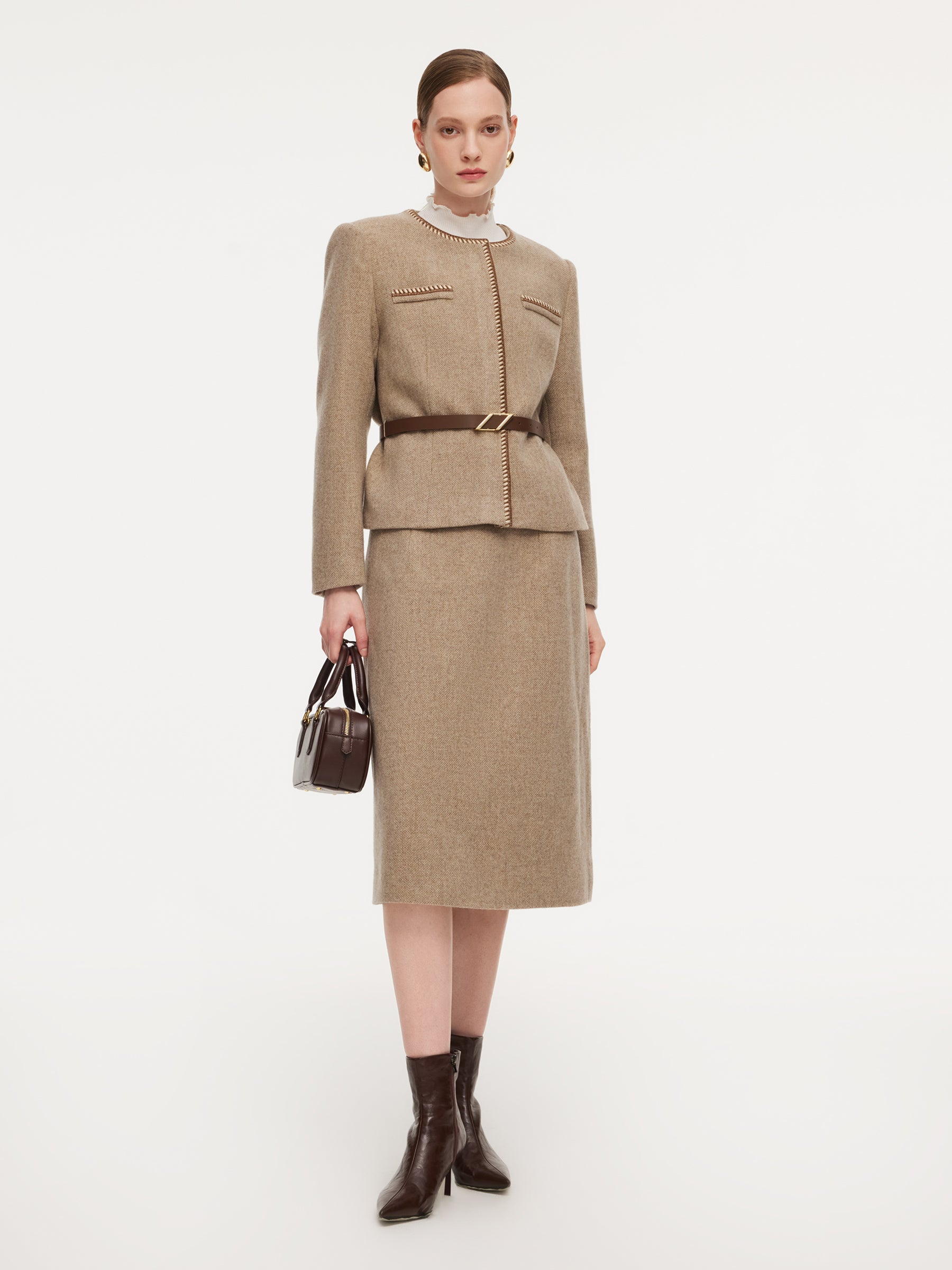 100% Washable Wool Jacket And Skirt Two-Piece Set With Belt GOELIA