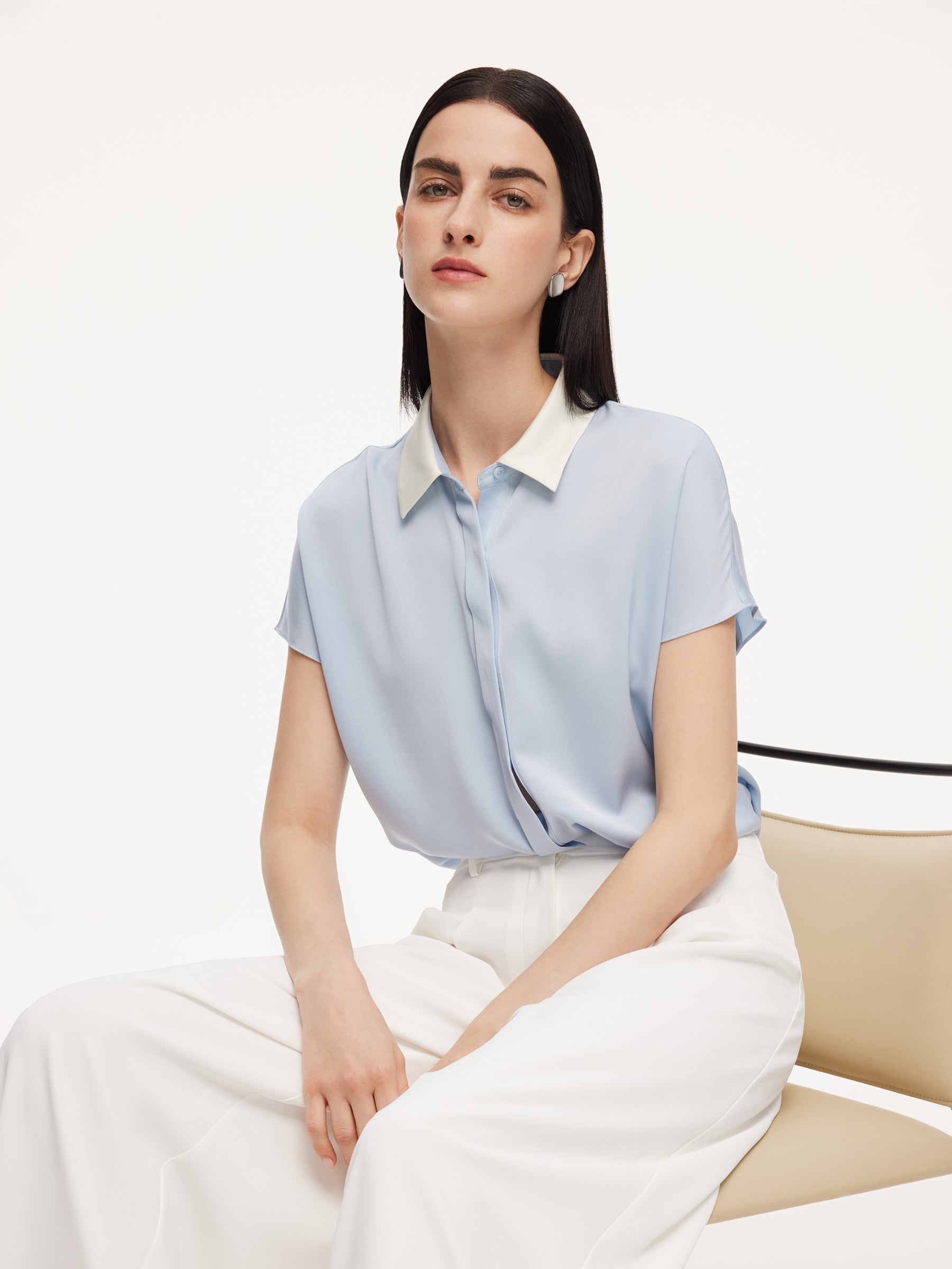 [Preview] 22MM Mulberry Silk Contrast Collar Tie Front Women Shirt GOELIA