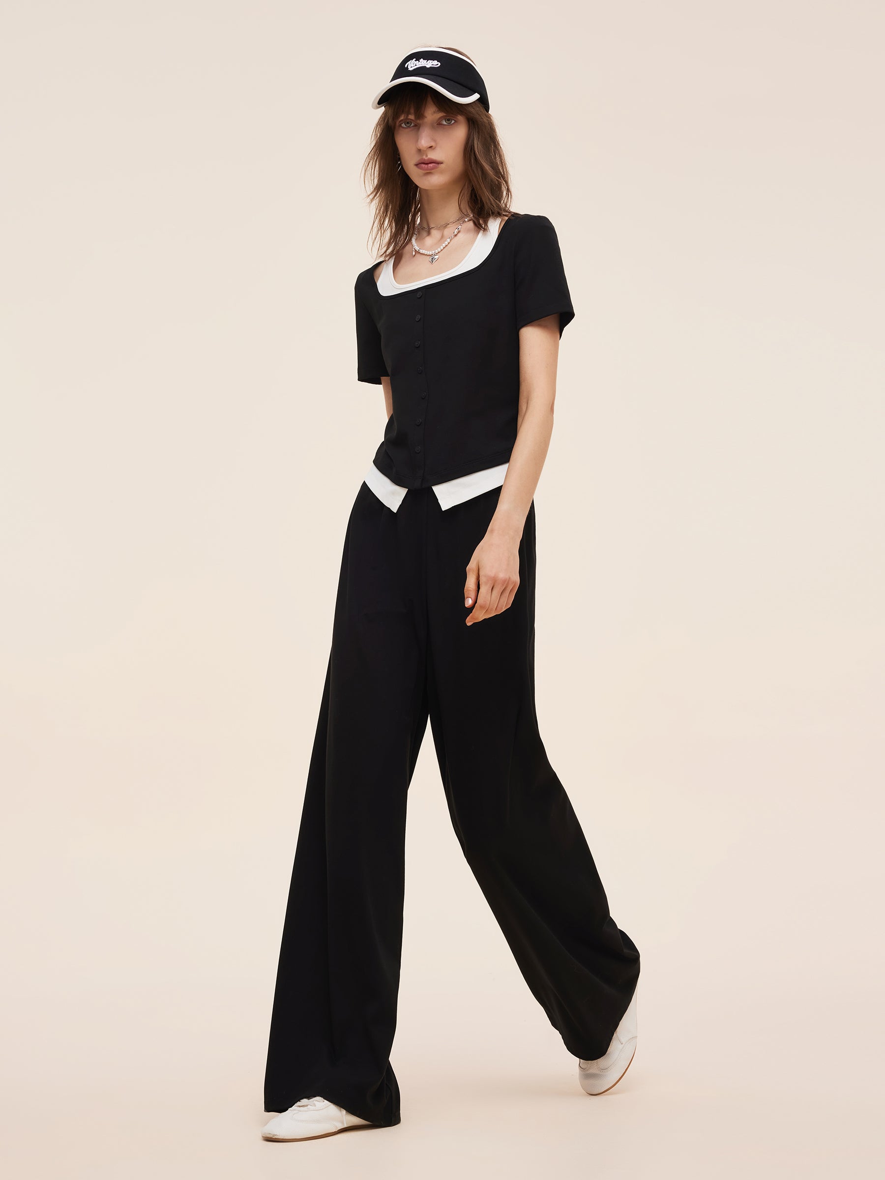 Mock Layered Knit Top And Pants Two-Piece Set GOELIA