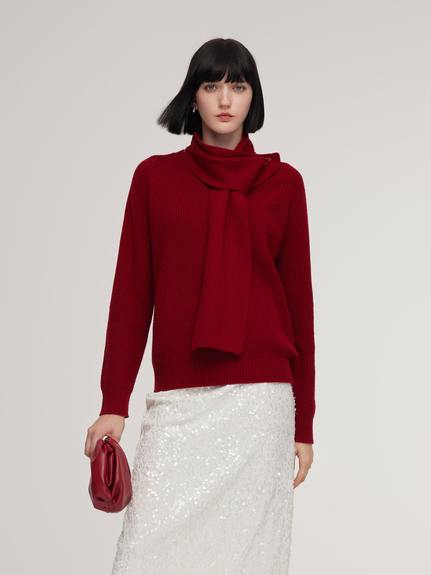 [Preview] Wool Blend V-Neck Women Knit Top With Detachable Scarf GOELIA