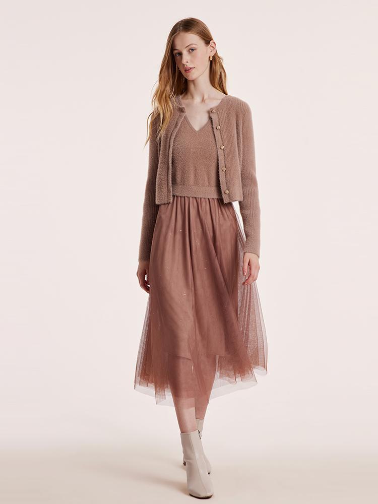 Tulle Patchwork Vest Dress And Cardigan Two-Piece Set GOELIA