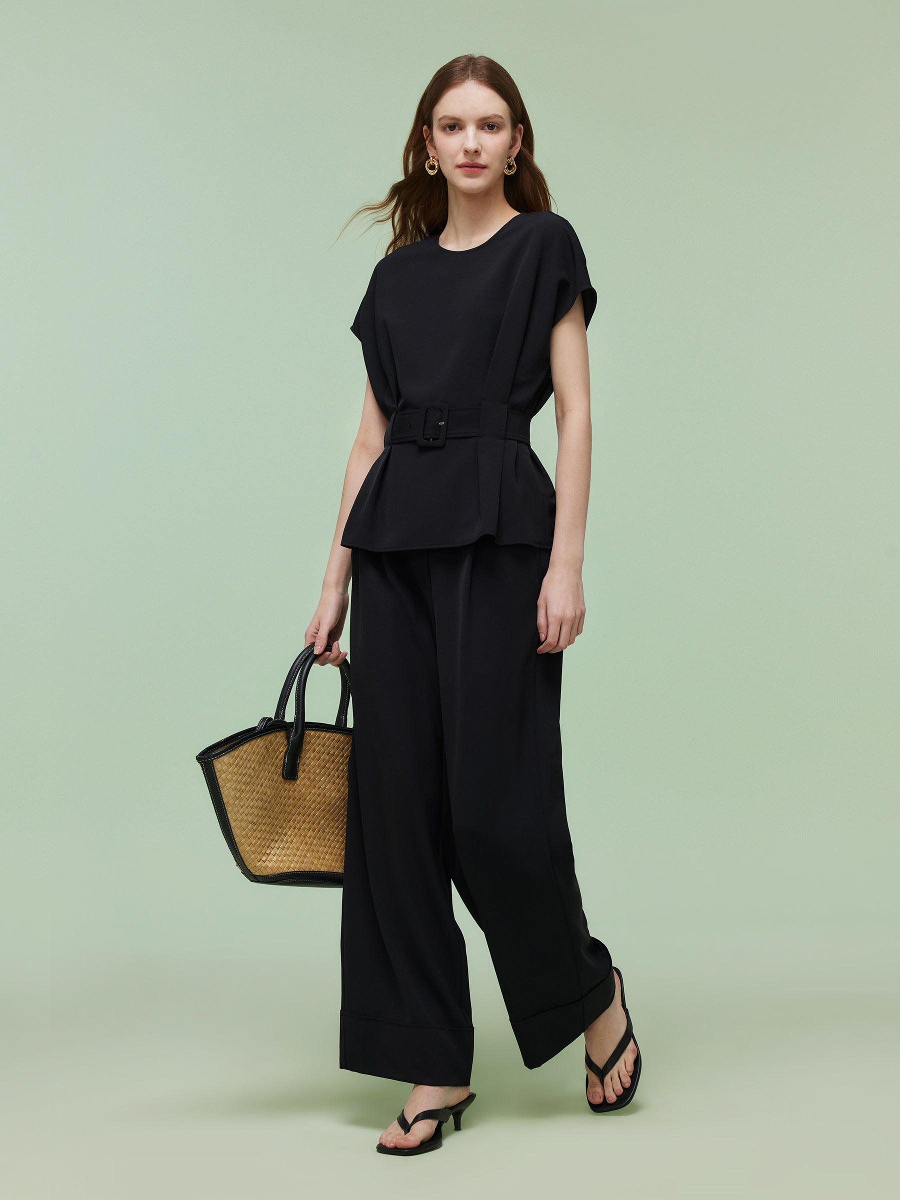Four-Way Stretch Top And Ankle Length Pants Two-Piece Set With Belt GOELIA
