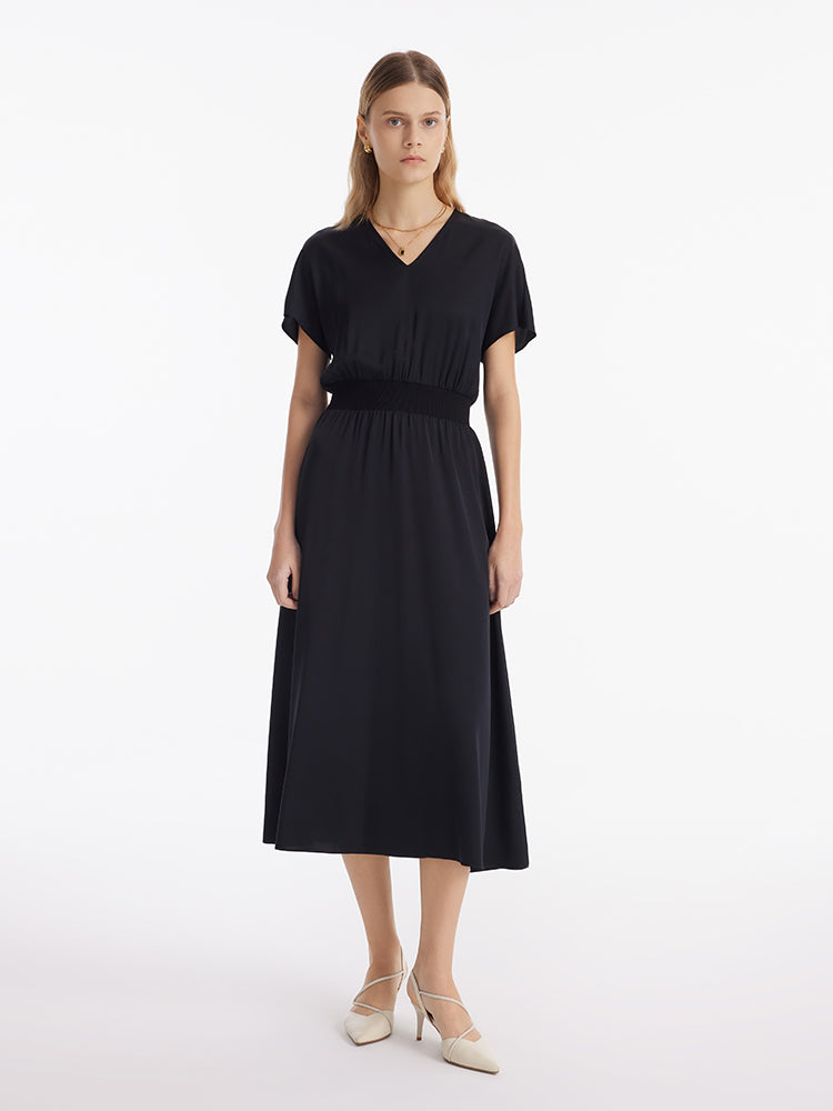 22 Momme Mulberry Silk Gathered Waist Women Midi Dress GOELIA