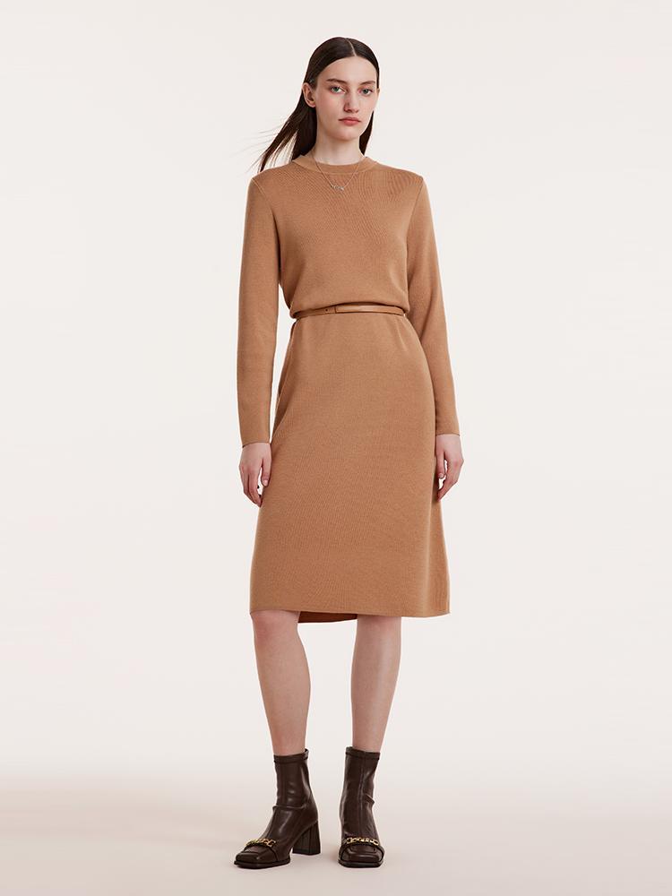 Pure Wool Knitted Dress With Scarf And Leather Belt GOELIA
