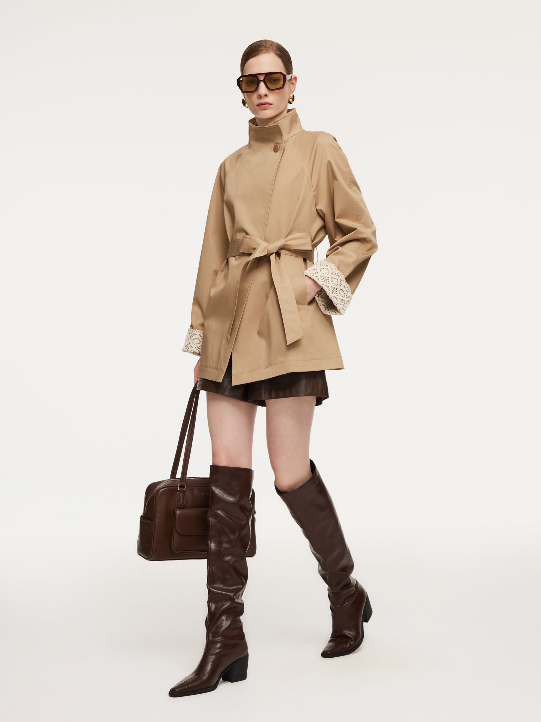 [Preview] Cotton Stand Collar Lace Cuffs Women Self-Tie Belt Trench Coat GOELIA