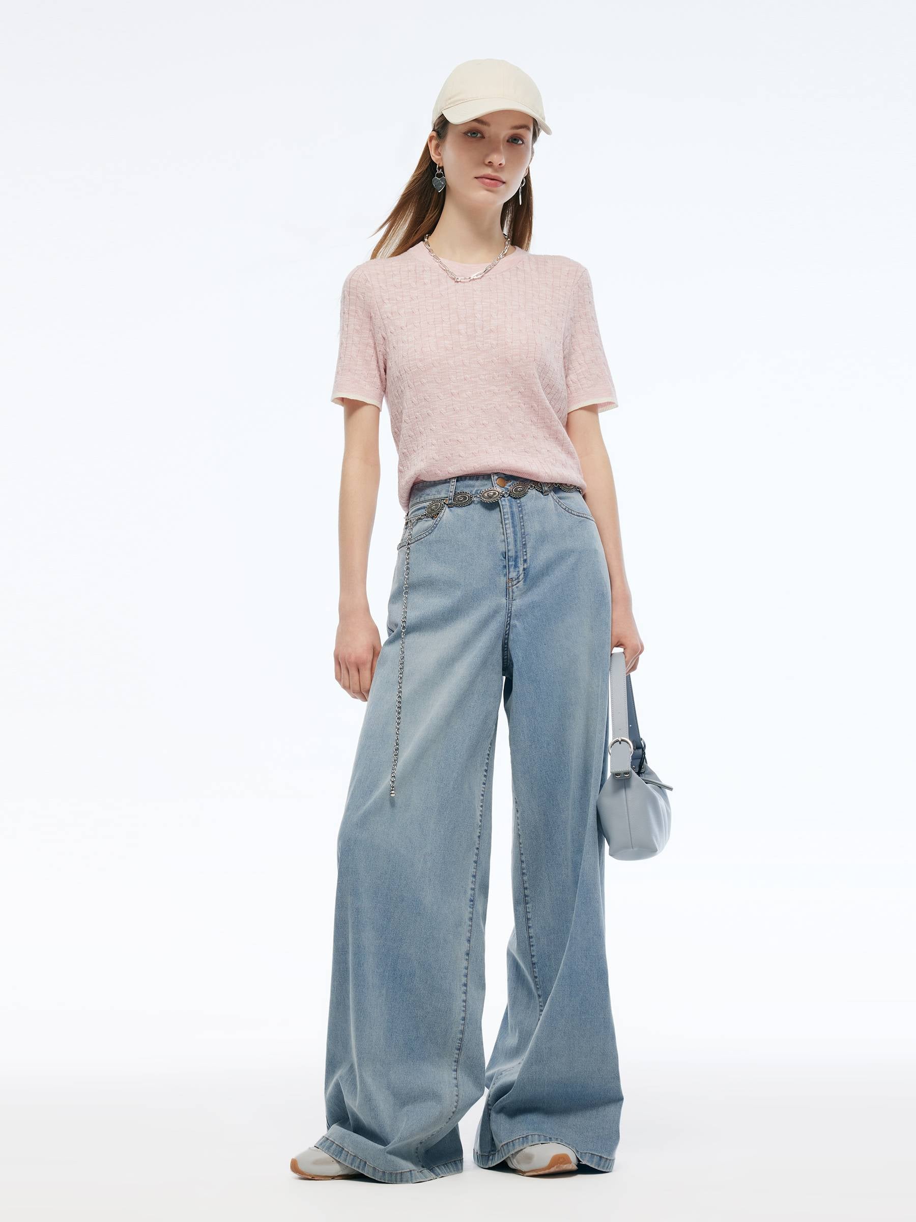 Round Neck Women Cable Knit T-Shirt GOELIA