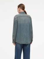 Tencel Cotton Blend Denim Women Shirt With Detachable Rhinestone Ties GOELIA