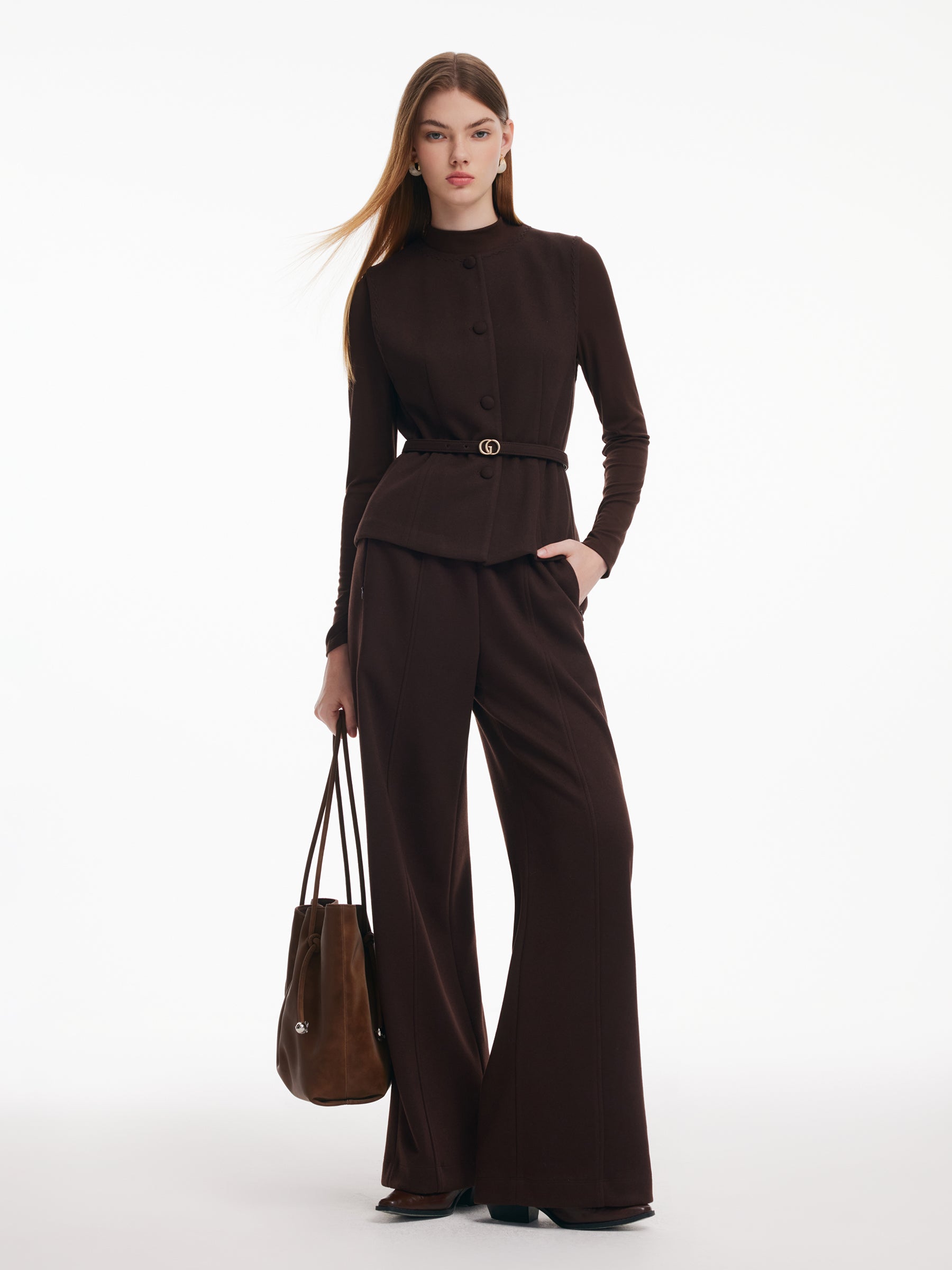 [Preview] Vest & Knit Top & Pants Three-Piece Set With Belt GOELIA