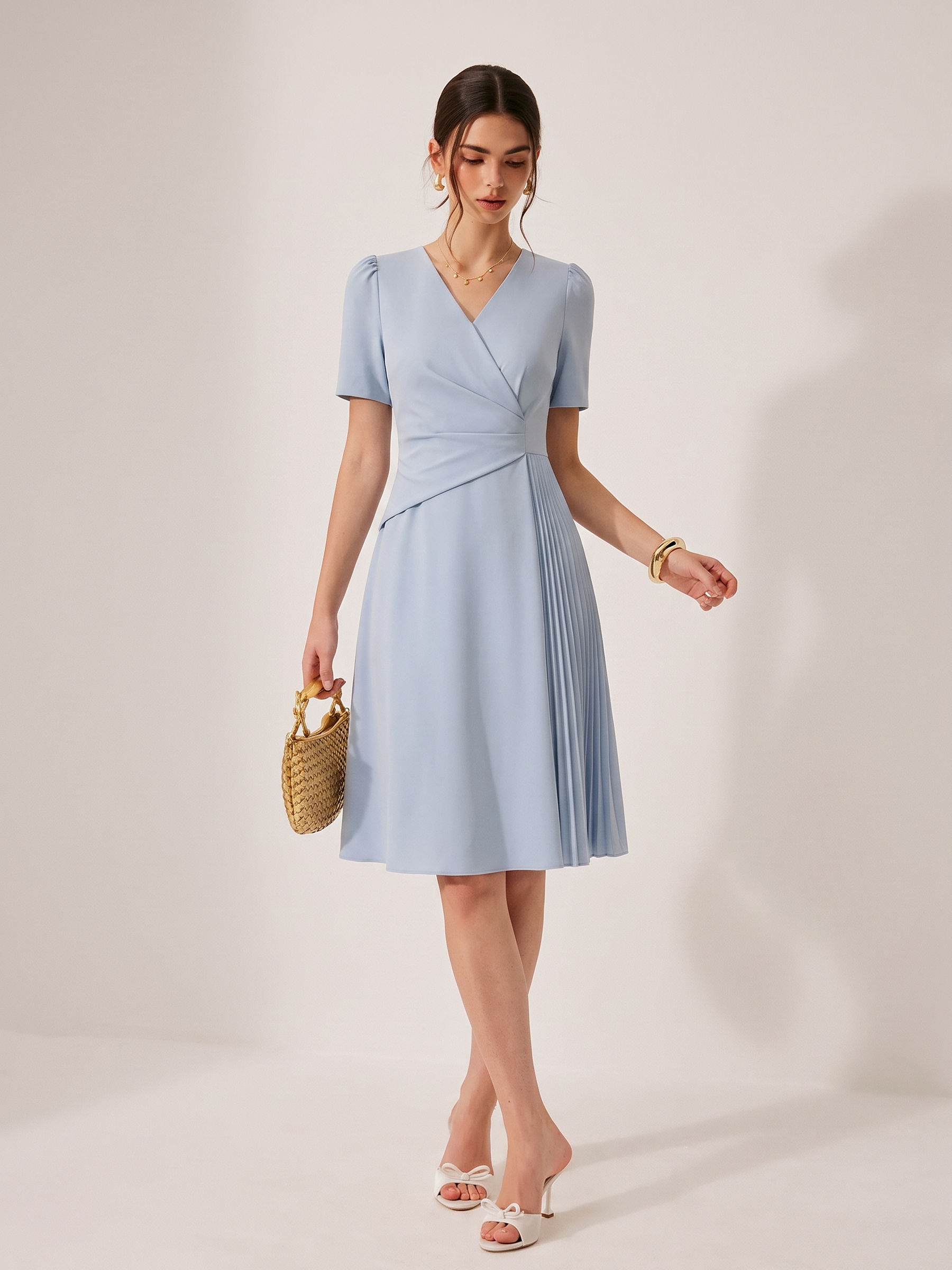 V-Neck Asymmetric Pleated Women Midi Dress GOELIA