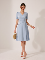 V-Neck Asymmetric Pleated Women Midi Dress GOELIA