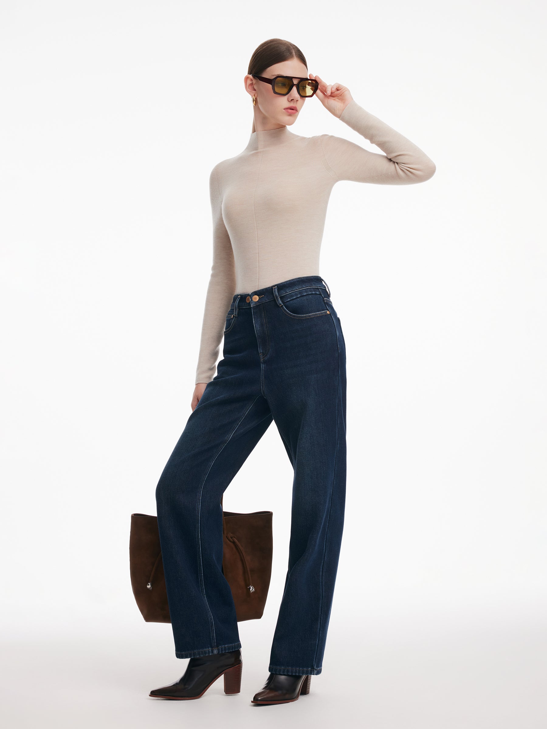 100% Wool Seamless Mock Neck Women Knit Top GOELIA