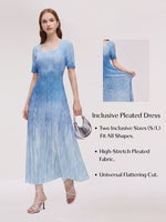 Blue And White Gradient Women Pleated Maxi Dress GOELIA