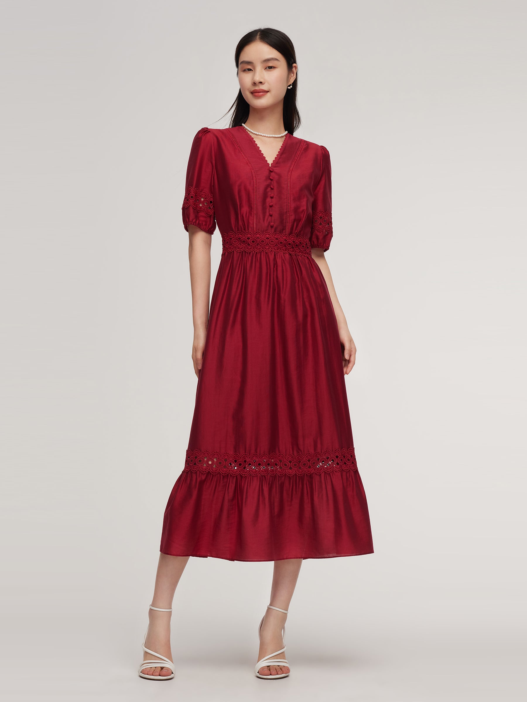 Tencel Blend Lace Patchwork Women Maxi Dress GOELIA