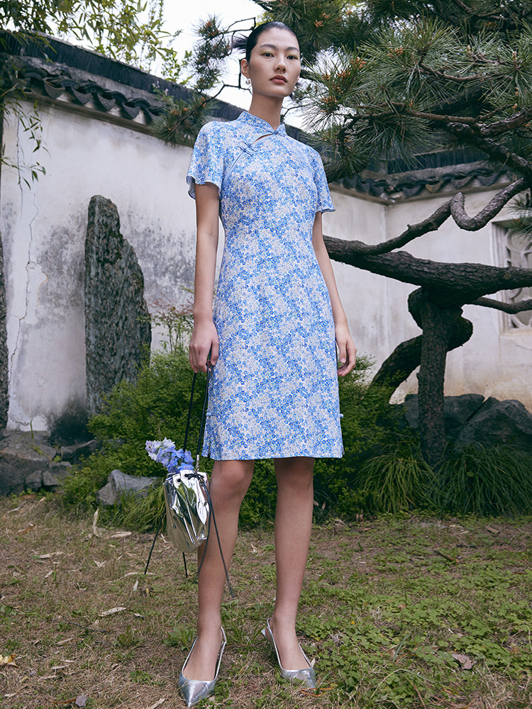 Blue Floral Cheongsam Dress GOELIA