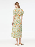 Cotton Gathered Waist Floral Print Women Maxi Dress GOELIA