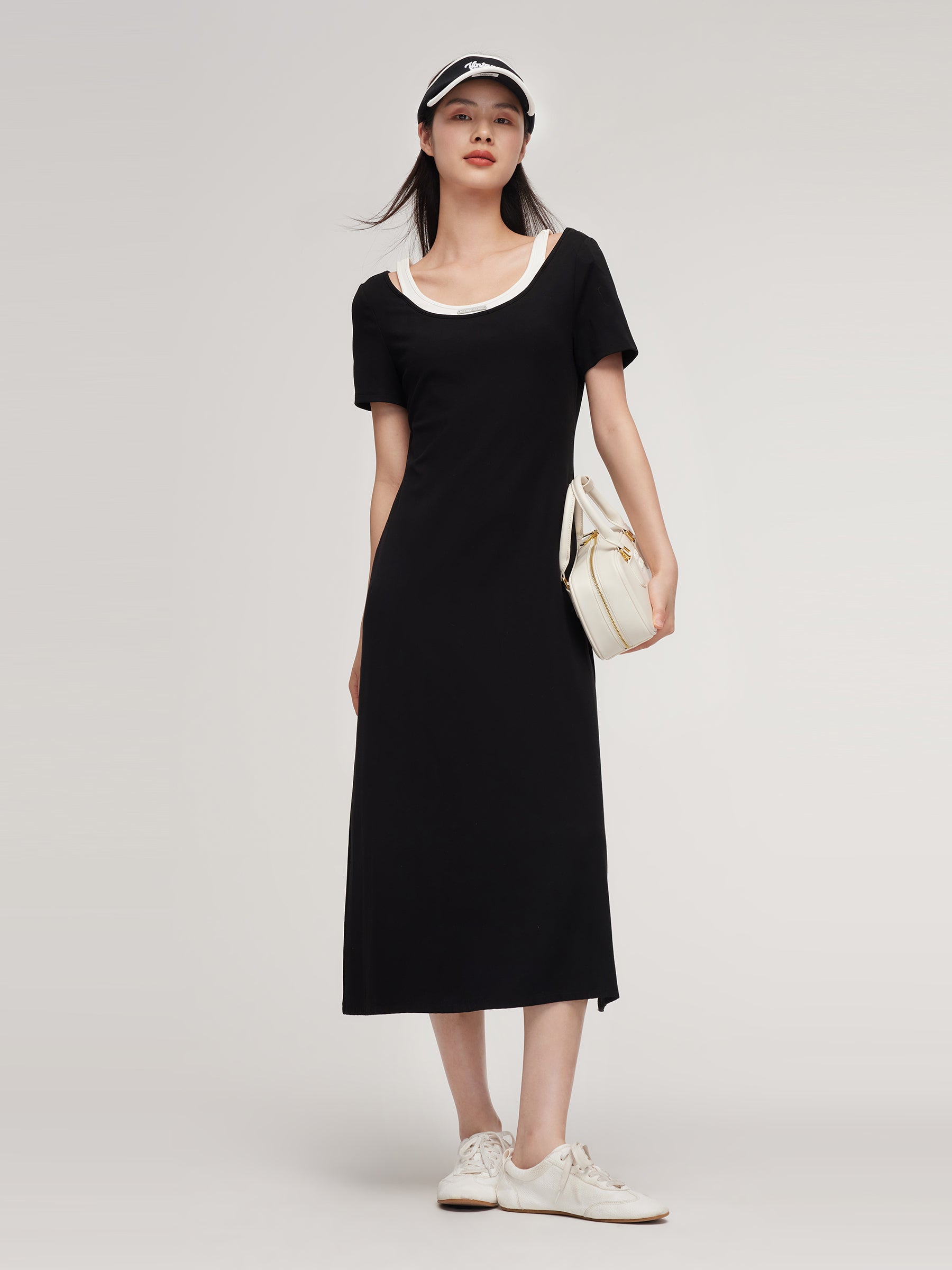 Faux Two-Piece Patchwork Slim Fit Women T-Shirt Maxi Dress GOELIA