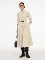 Cotton Blend 3/4 Ruched Sleeve Women Belted Maxi Shirt Dress With Silk Scarf GOELIA