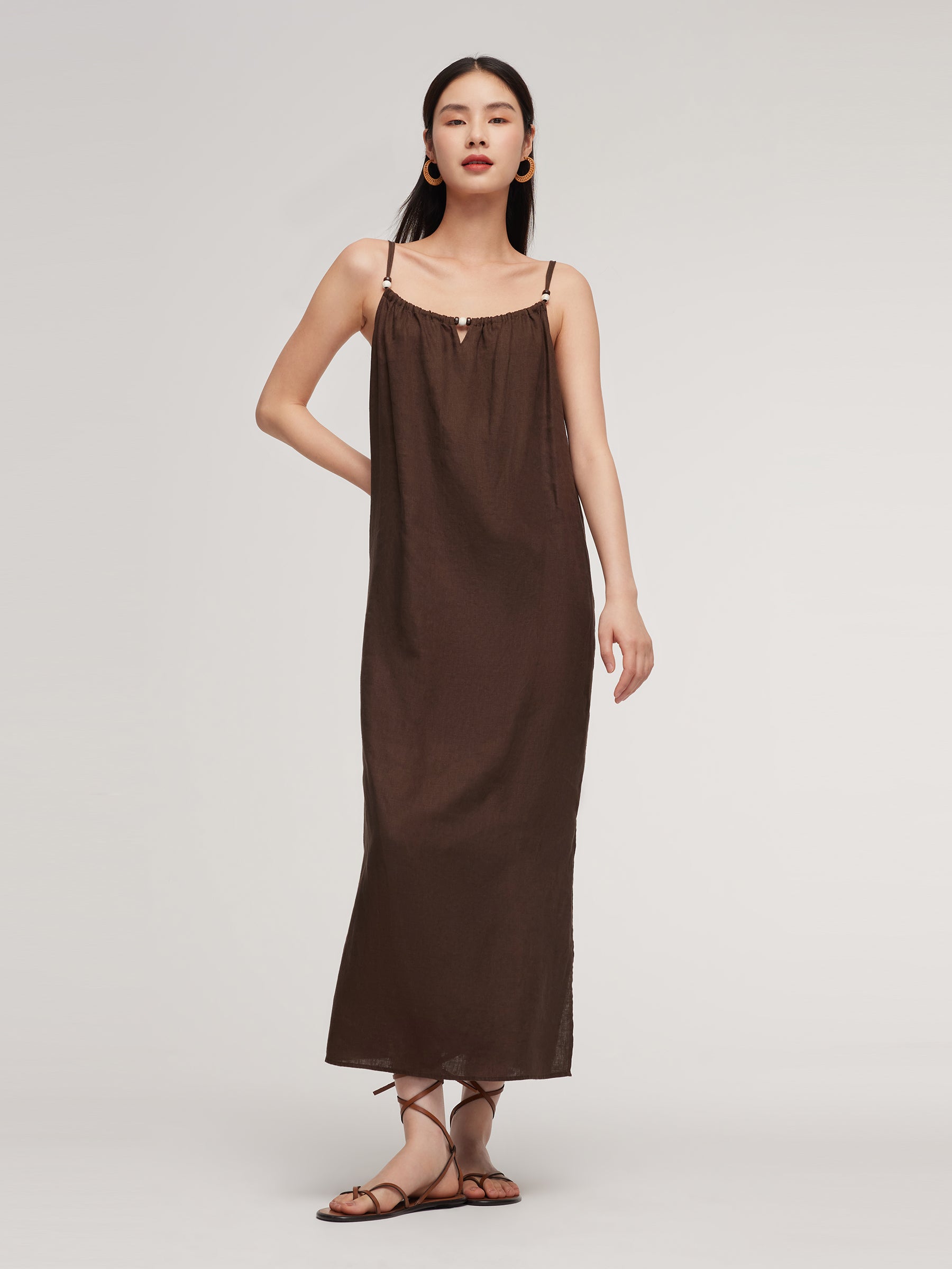 100% Linen Women Strap Maxi Dress With Tie String Belt GOELIA