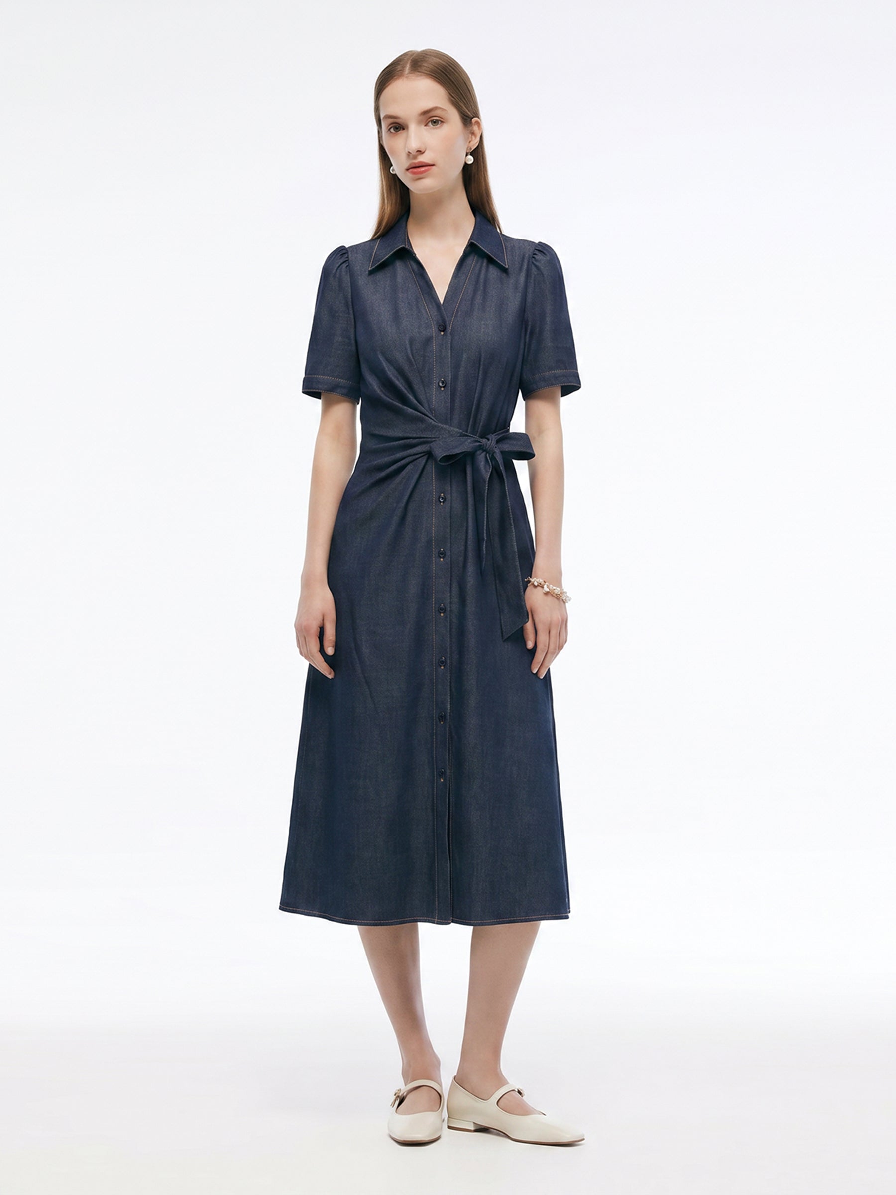 Denim Tie Front Women Shirt Maxi Dress GOELIA