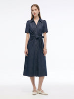 Denim Tie Front Women Shirt Maxi Dress GOELIA