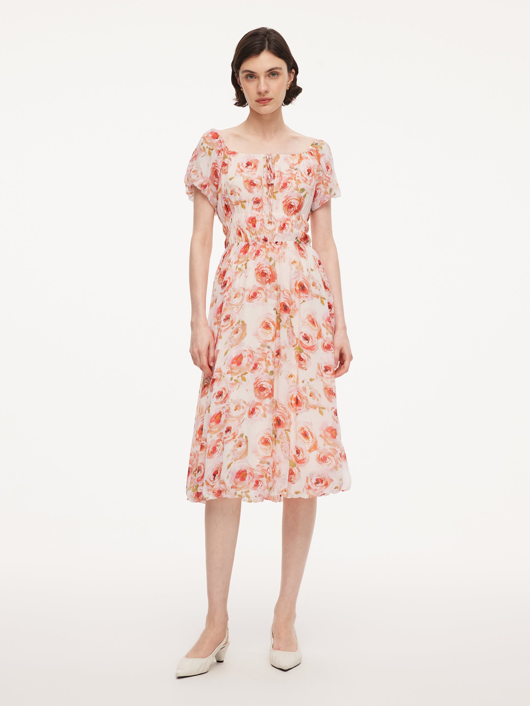 10MM Mulberry Silk Rose Print Women Midi Dress With Scrunchie GOELIA