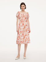 10MM Mulberry Silk Rose Print Women Midi Dress With Scrunchie GOELIA