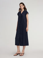 100% Linen V-Neck Women Self-Tie Belt Maxi Dress With Skirt Lining GOELIA