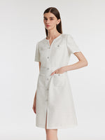 Gathered Waist Single-Breasted Sequins Tweed Mini Dress With Patch Pockets GOELIA