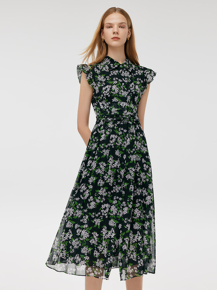 10 Momme Mulberry Silk Tied Back Women Midi Dress GOELIA