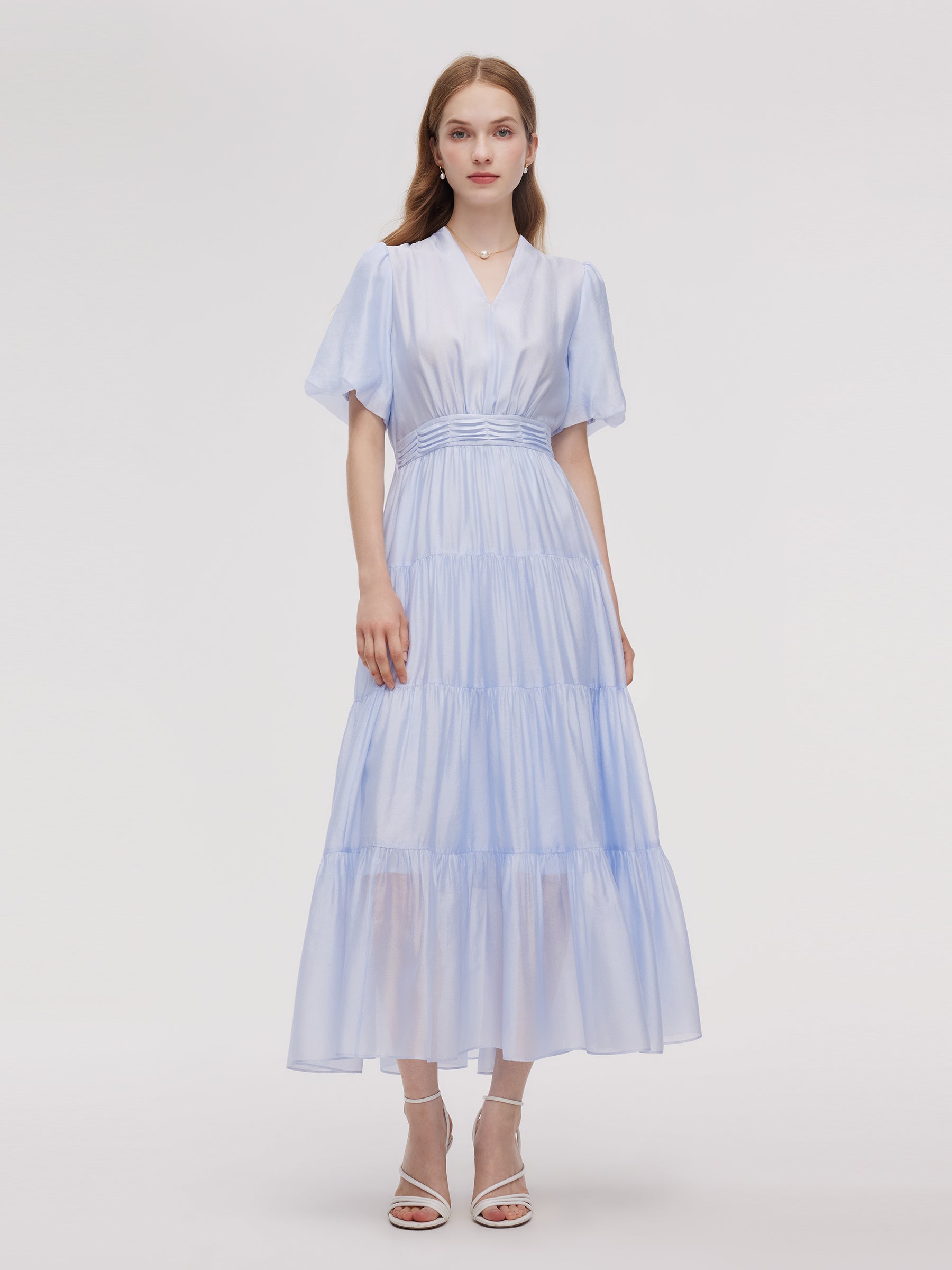 A-Line V-Neck Women Pleated Tiered Maxi Dress GOELIA