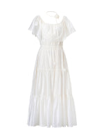 Tencel Blend Conovertible Neck Women Gathered Waist Maxi Dress With Floral Ribbon GOELIA