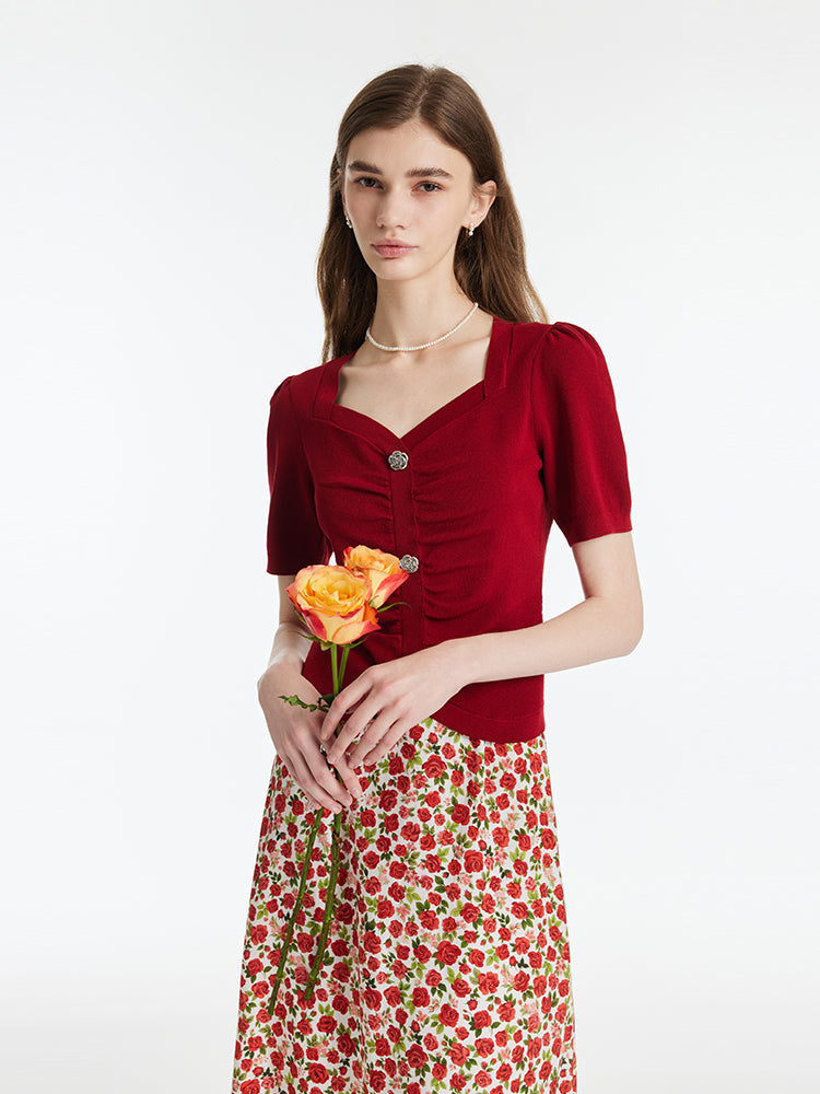 Tencel-Silk Blend Ruched Women Knit Top With Rose Shaped Button GOELIA