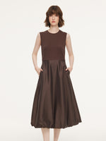 Dark Brown Patchwork Bubble Hem Women Sleeveless Maxi Dress With Bag GOELIA