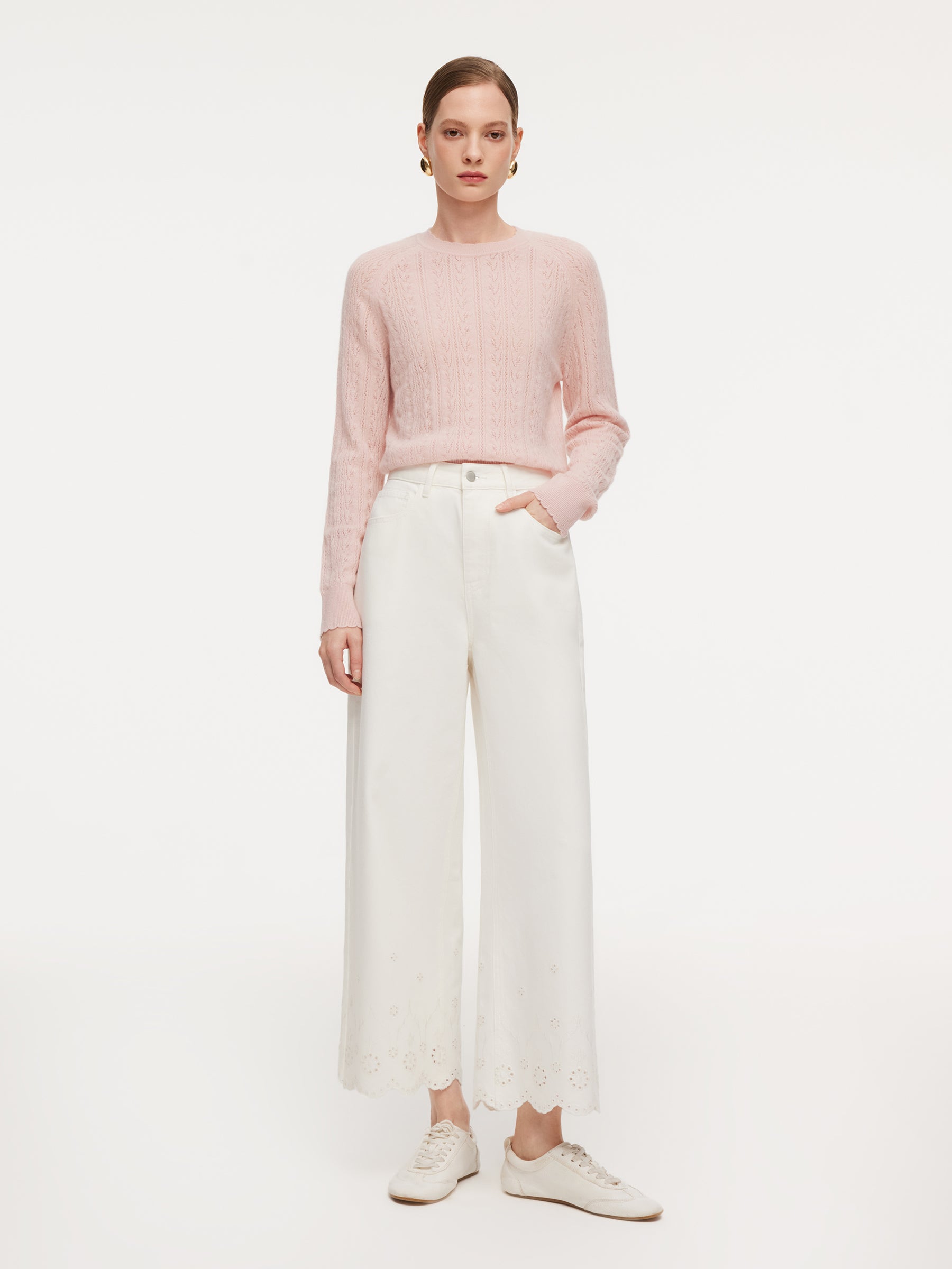 100% Cotton Denim Embroidered Women Wide Leg Jeans GOELIA