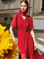 10 Momme Mulberry Silk Polka Dots Printed Wrapped Ruffle Women Midi Dress GOELIA