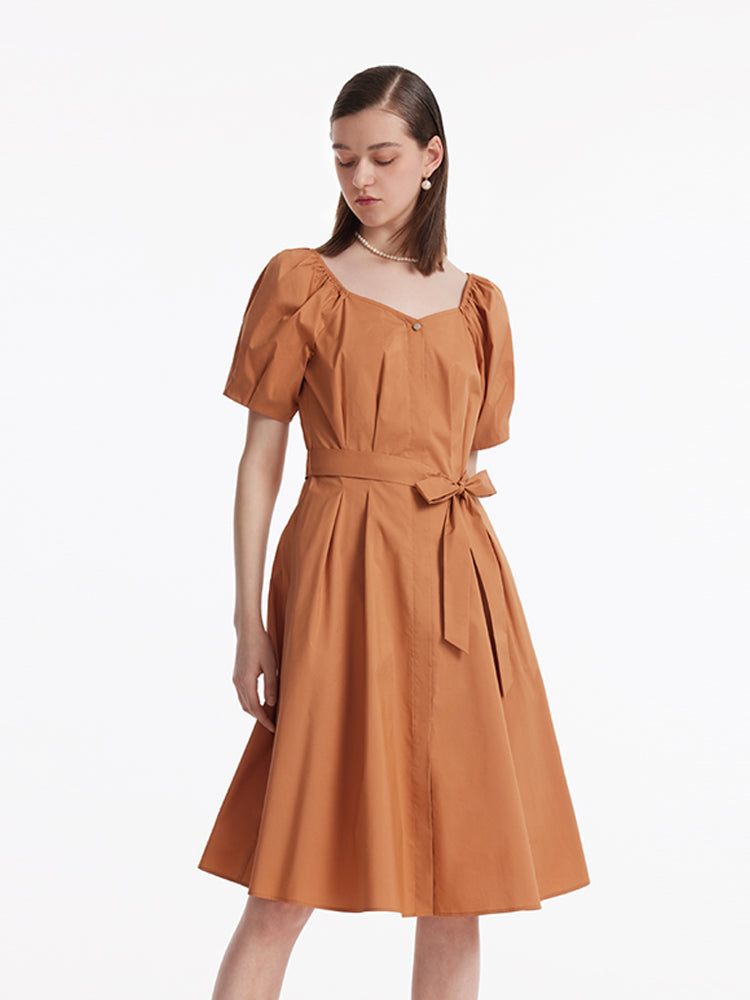 Puff Sleeves Square Neck Women Midi Dress With Belt GOELIA