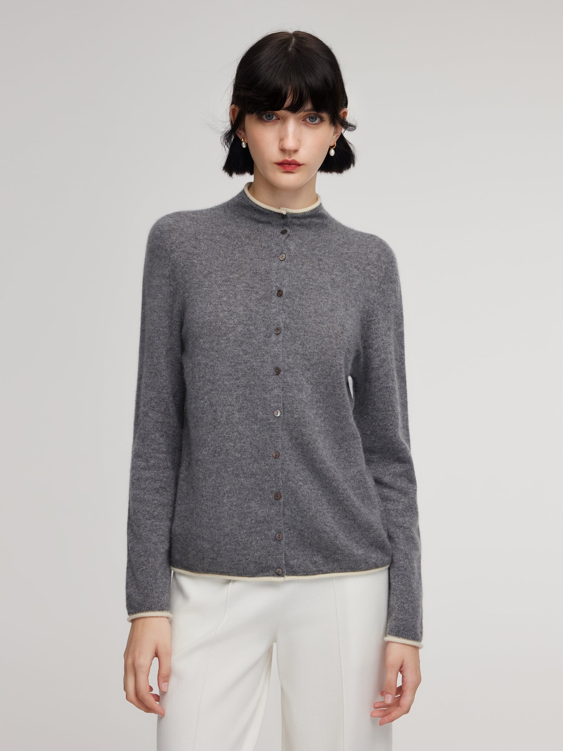 100% Cashmere Seamless Contrast Trim Women Cardigan GOELIA