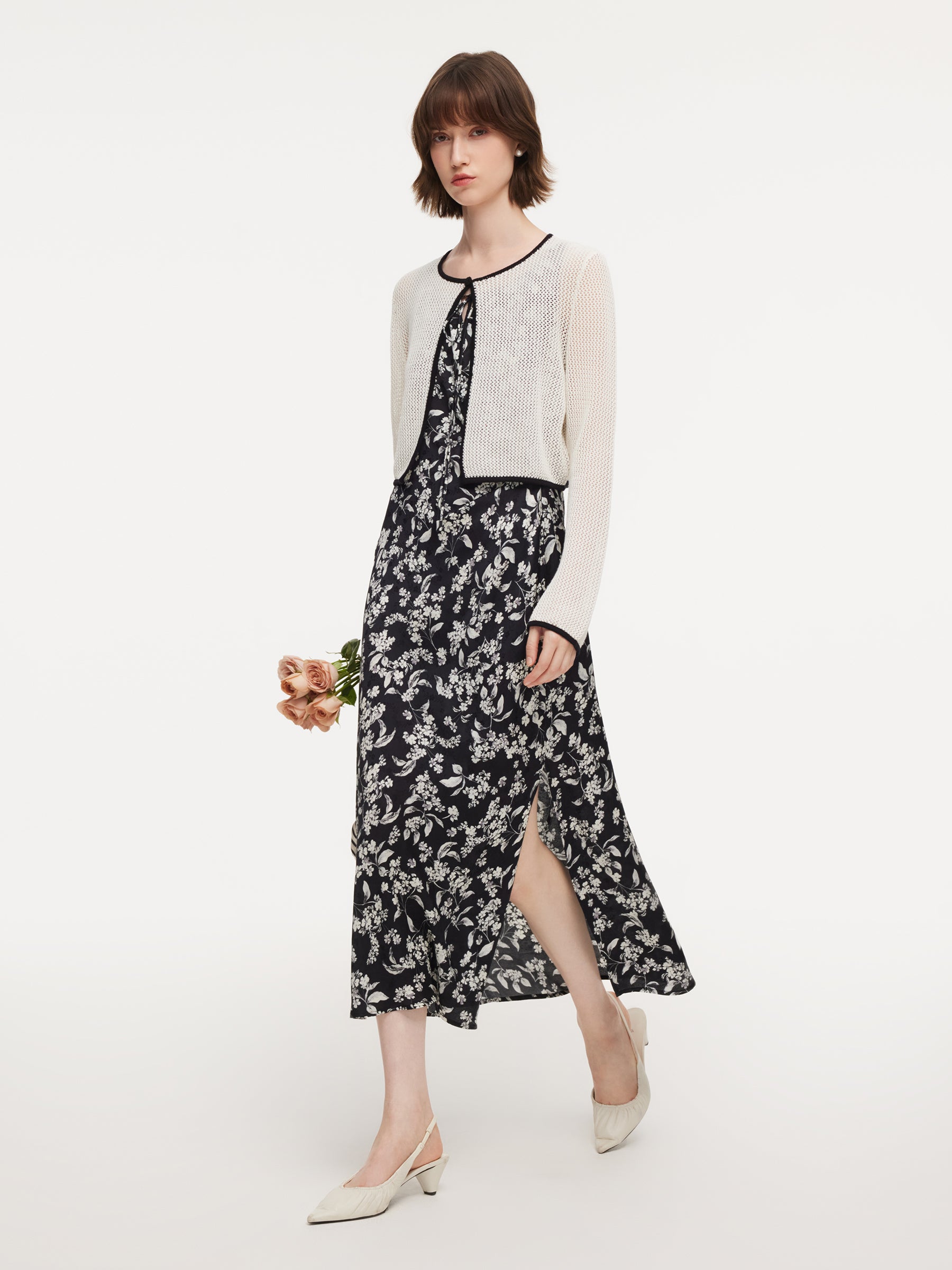 [Preview] Contrast Trim Openwork Cardigan And Floral Print Sleeveless Dress Two-Piece Set GOELIA