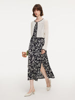 Contrast Trim Openwork Cardigan And Floral Print Sleeveless Dress Two-Piece Set GOELIA