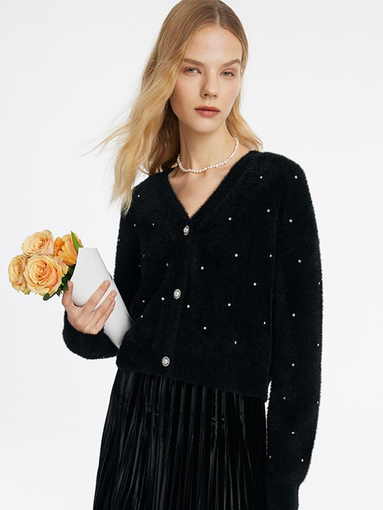 Black V-Neck Rhinestone Knitted Women Cardigan GOELIA