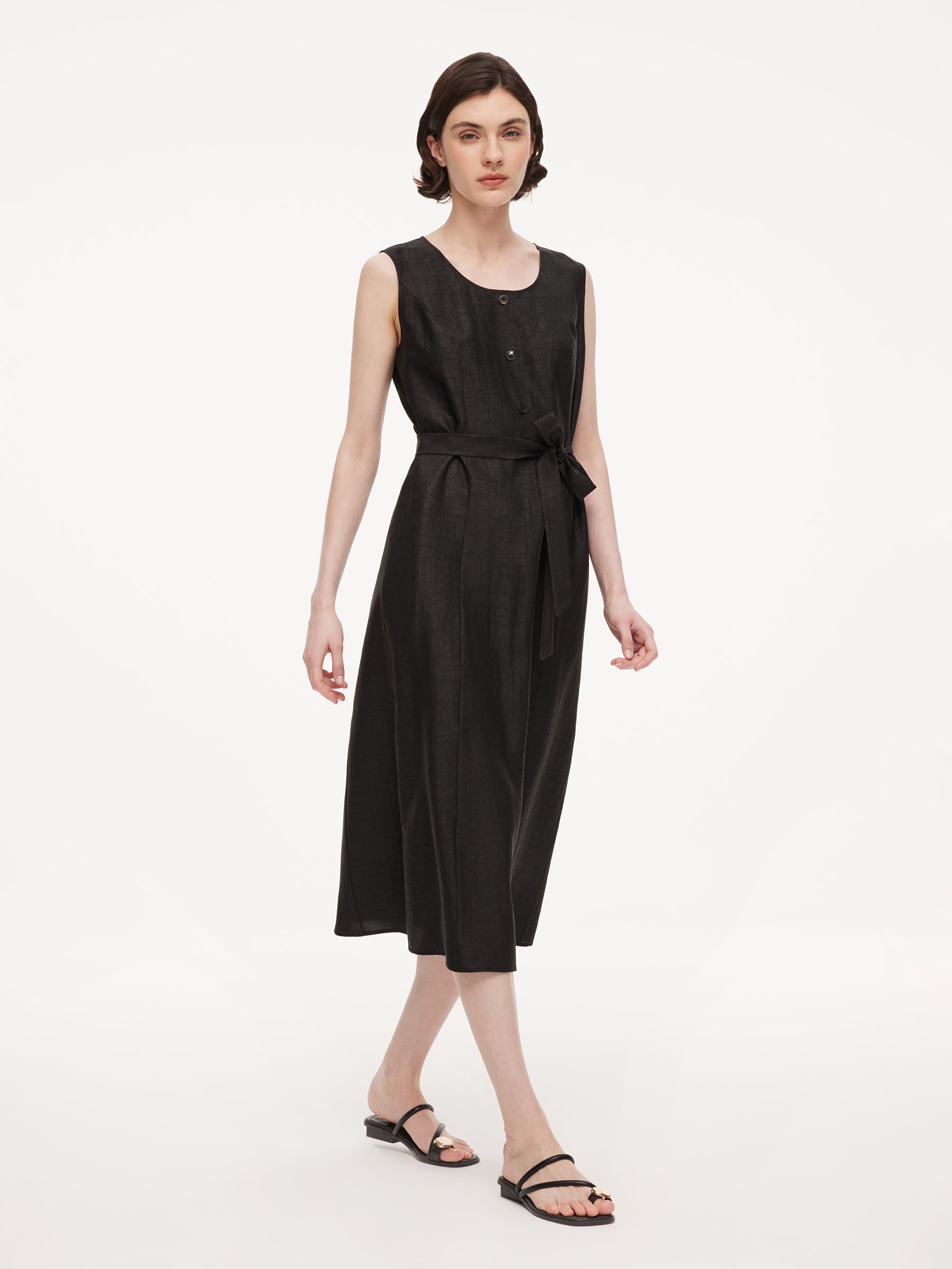 18MM Gambiered Canton Gauze Women Sleeveless Belted Maxi Dress GOELIA