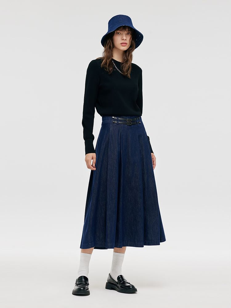 Denim Pleated Women Half Skirt GOELIA