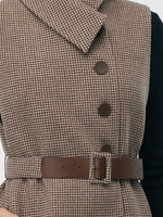 100% Washable Wool Beige Check Cape And Vest Two-Piece With Belt GOELIA