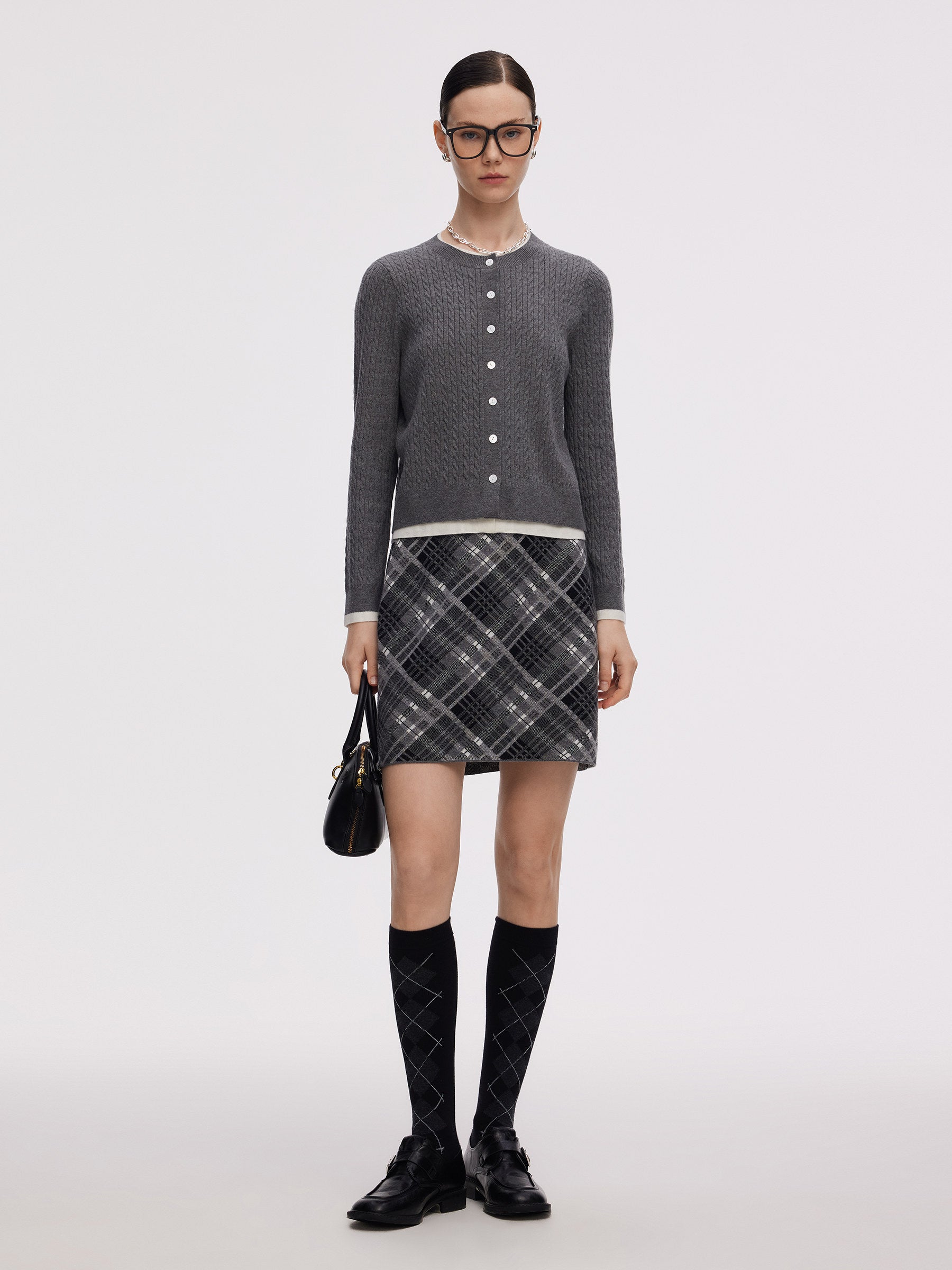 Faux Two-Piece Cardigan And Plaid Skirt Two-Piece Set GOELIA