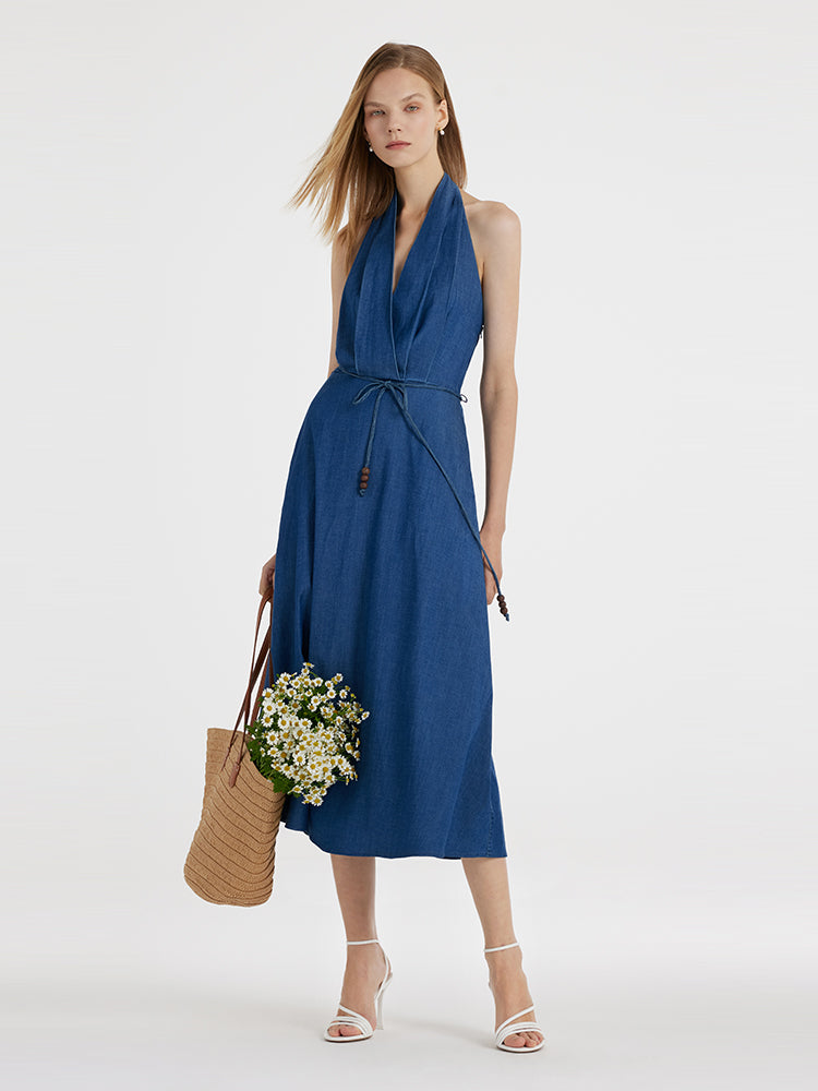 Denim Halter Women Midi Dress With Rope Belt GOELIA