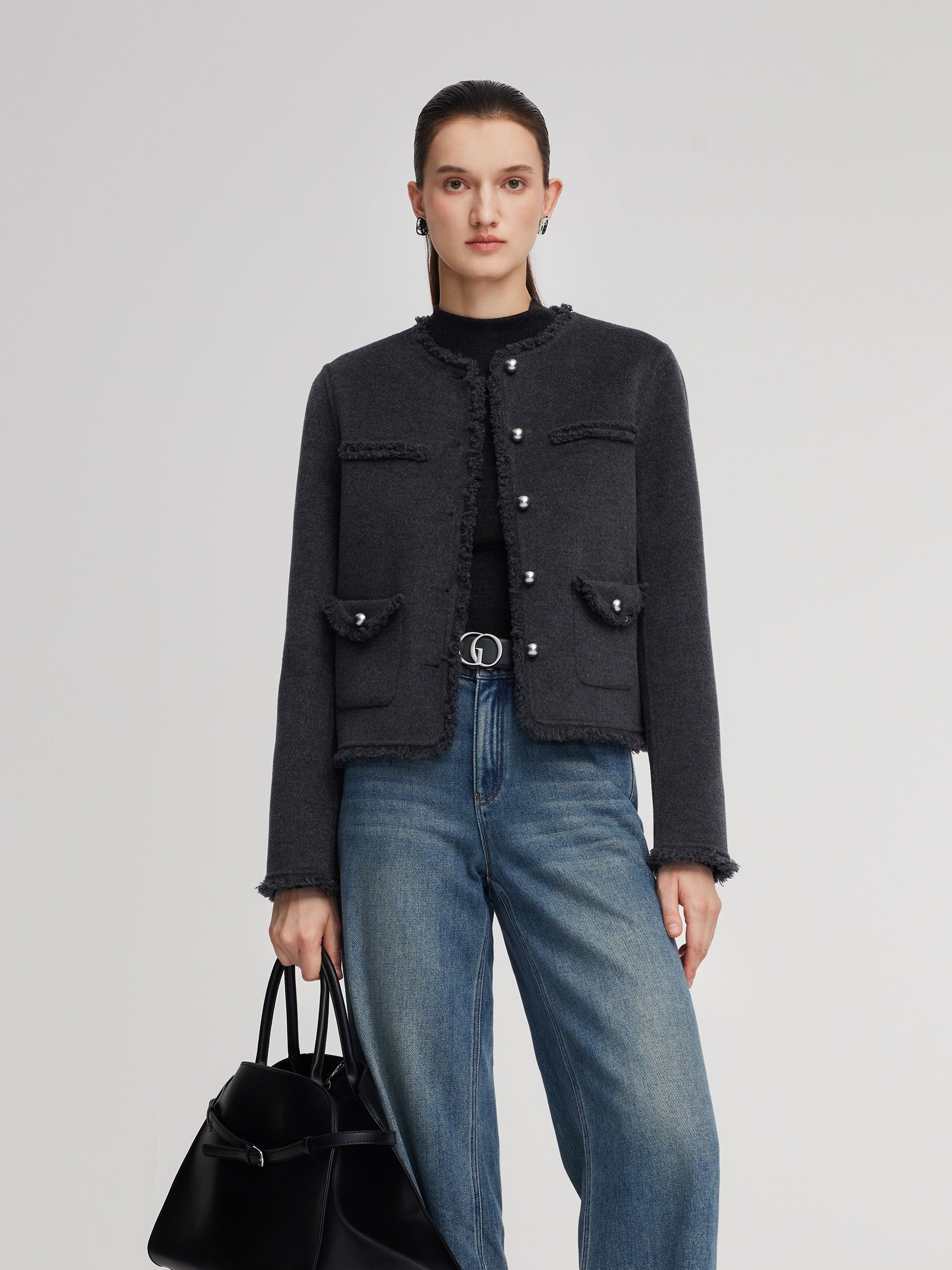 100% Wool Frayed Edge Women Jacket GOELIA