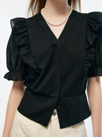 Tencel Blend Puff Sleeve Women Ruffe Patchwork Top GOELIA