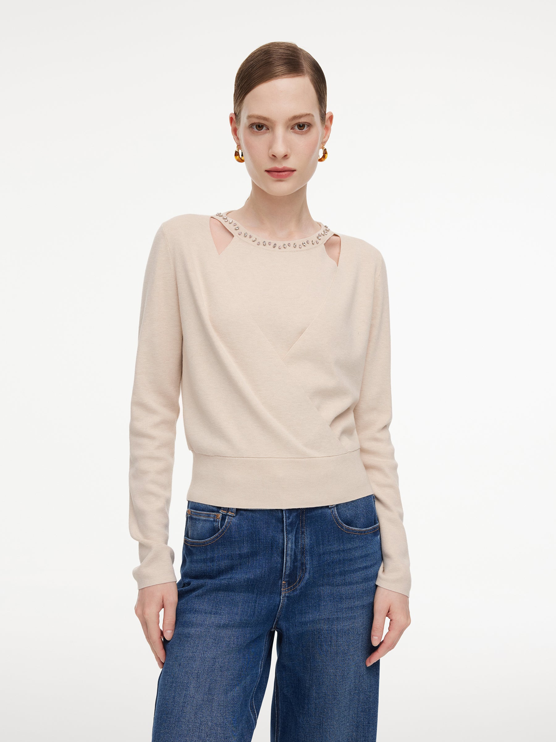 Tencel Wool Blend Beaded Neck Women Cut-Out Wrap Knit Top GOELIA